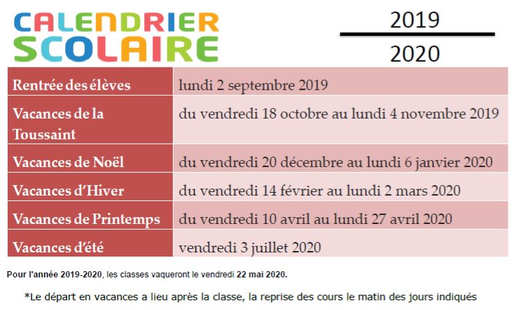 CALENDRIER SCOLAIRE 2019 / 2020