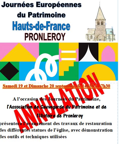 PRONLEROY Journée du Patrimoine des 19 et 20 Septembre ANNULEES PRONLEROY Journée du Patrimoine des 19 et 20 Septembre ANNULEES