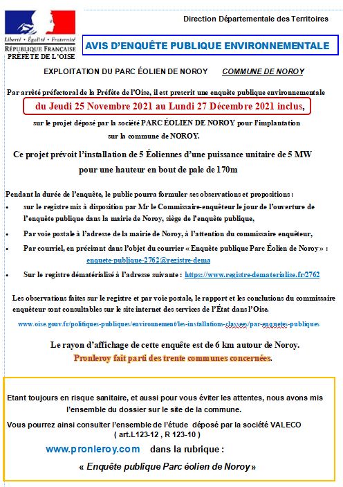 ENQUETE PUBLIQUE ENVIRONNEMENTALE PARC EOLIEN DE NOROY ENQUETE PUBLIQUE ENVIRONNEMENTALE PARC EOLIEN DE NOROY