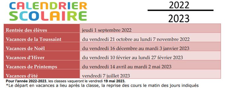 CALENDRIER SCOLAIRE 2022 / 2023