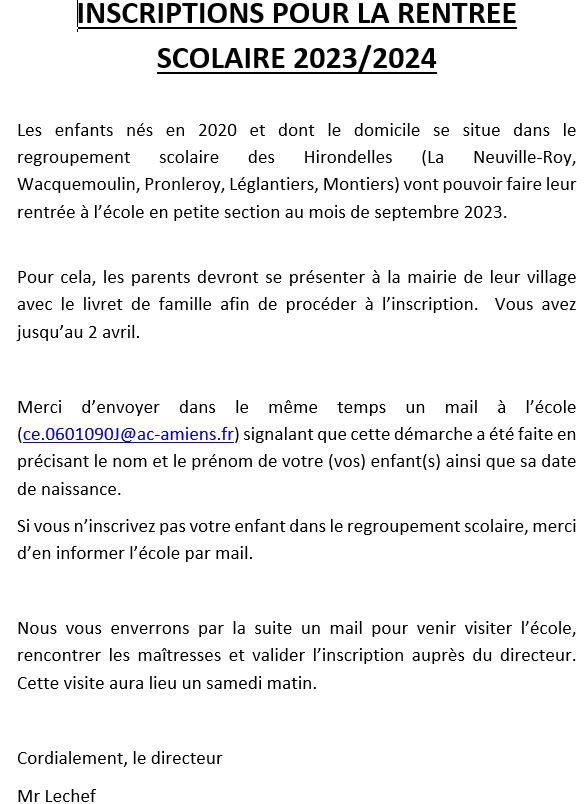 Inscriptions RENTREE SCOLAIRE 2023/2024