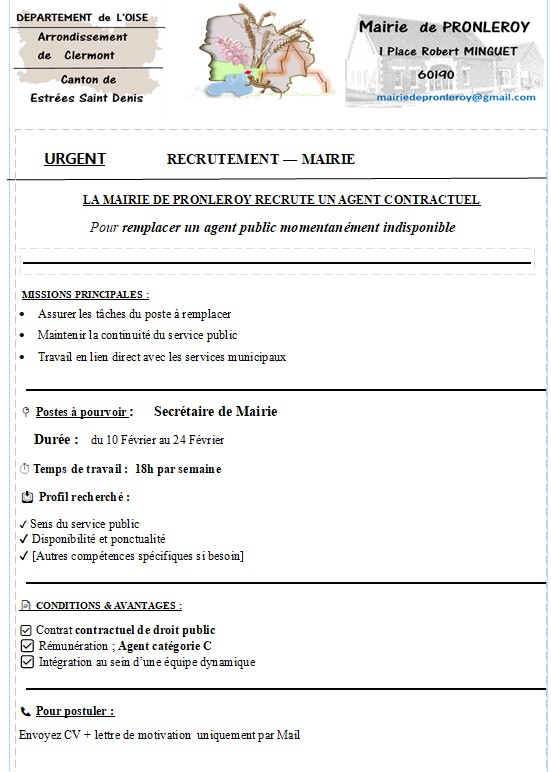 Mairie de PRONLEROY ..RECRUTEMENT d'un AGENT CONTRACTUEL