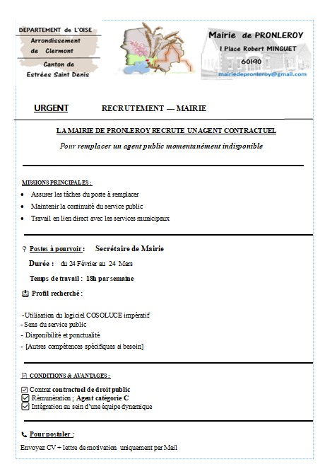 Mairie de PRONLEROY ..RECRUTEMENT d'un AGENT CONTRACTUEL